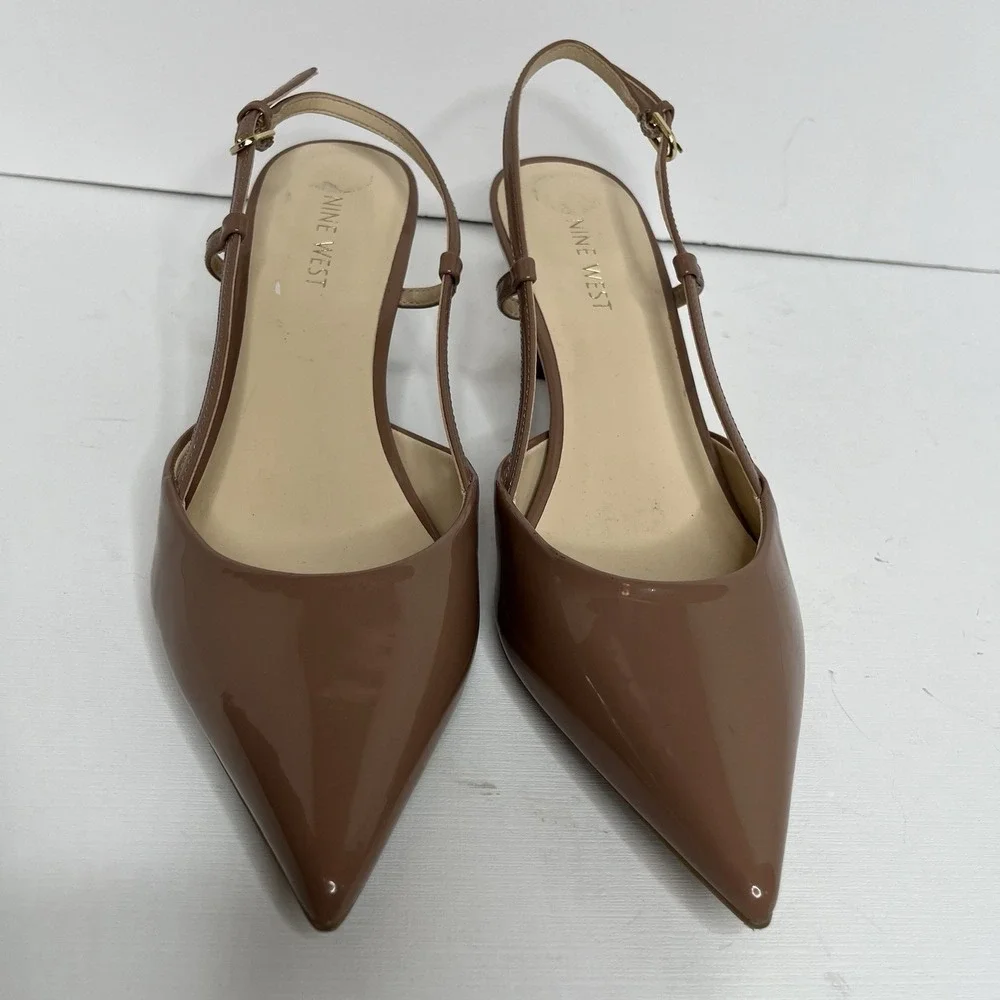 Nine West Patent Slingback‎ Kitten Heels Pointed Toe Buckle Strap 10 M Camel